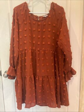 Rust Pom-Pom Tiered Midi Dress